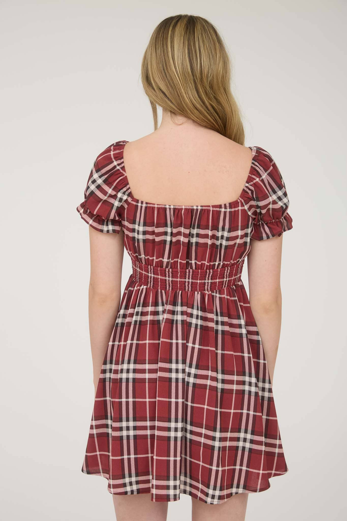 PLAID SHORT PUFF SLEEVE MINI DRESS