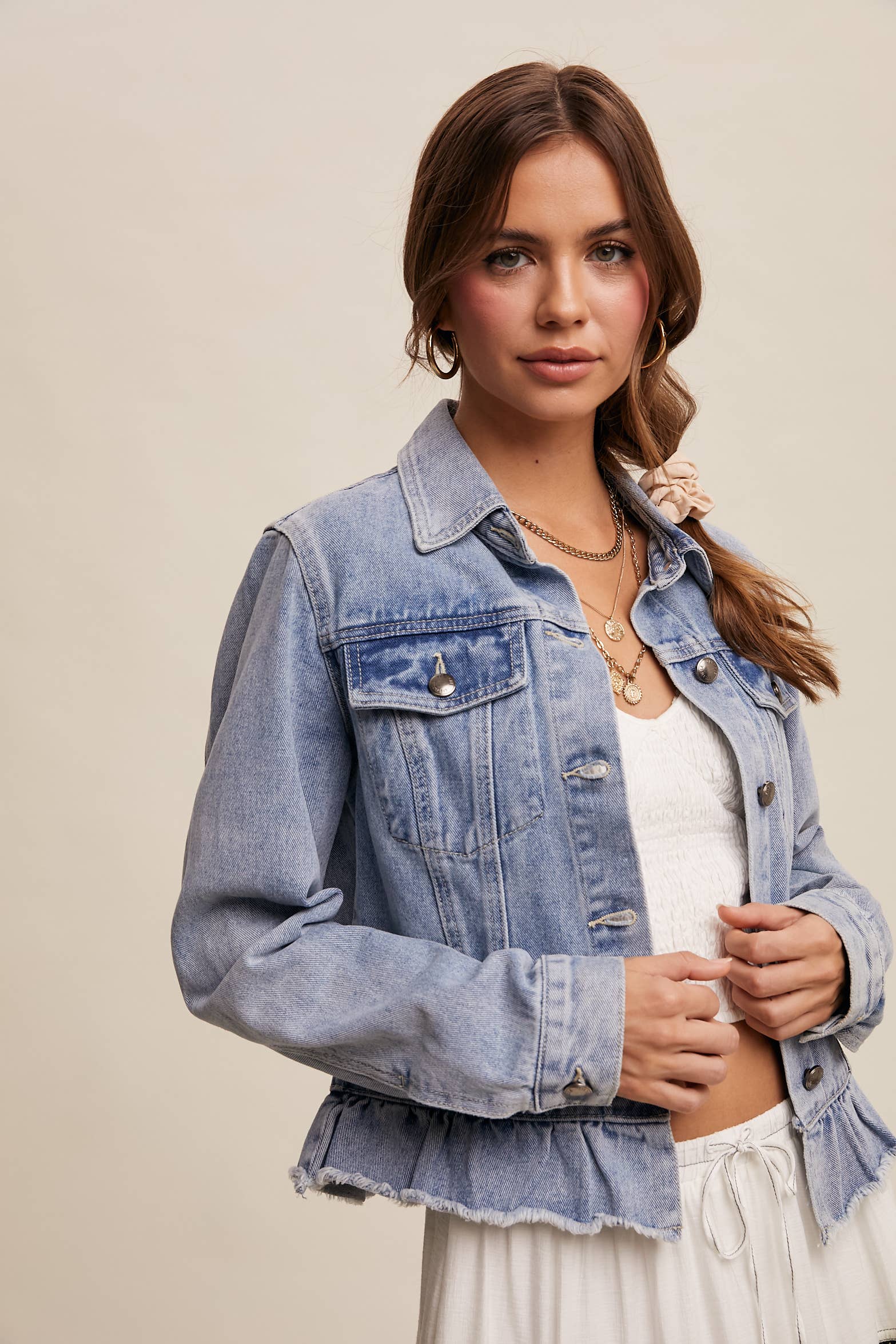 Ruffled Hem Denim Jacket