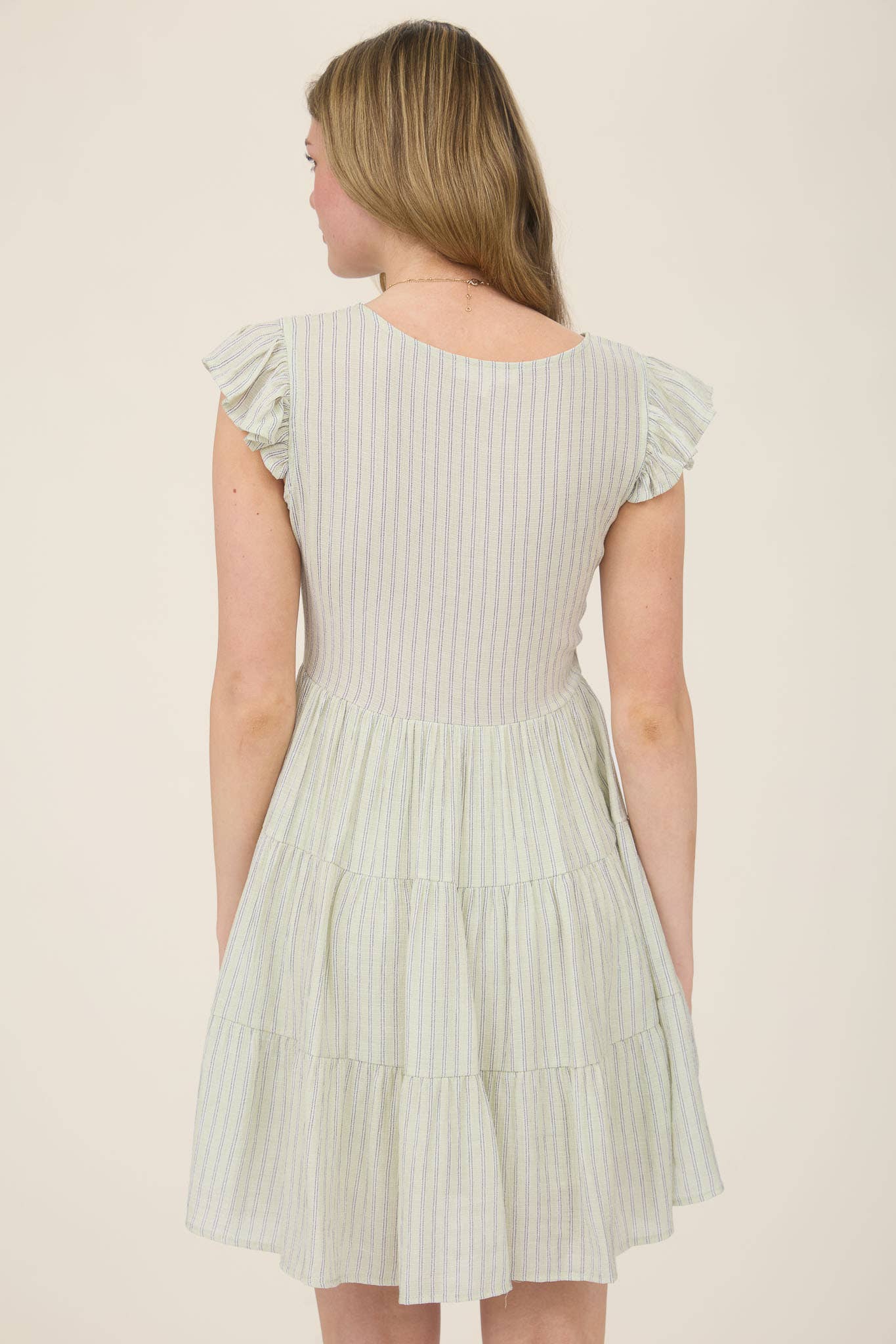 STRIPE V NECK BUTTON DOWN TIERED MINI DRESS