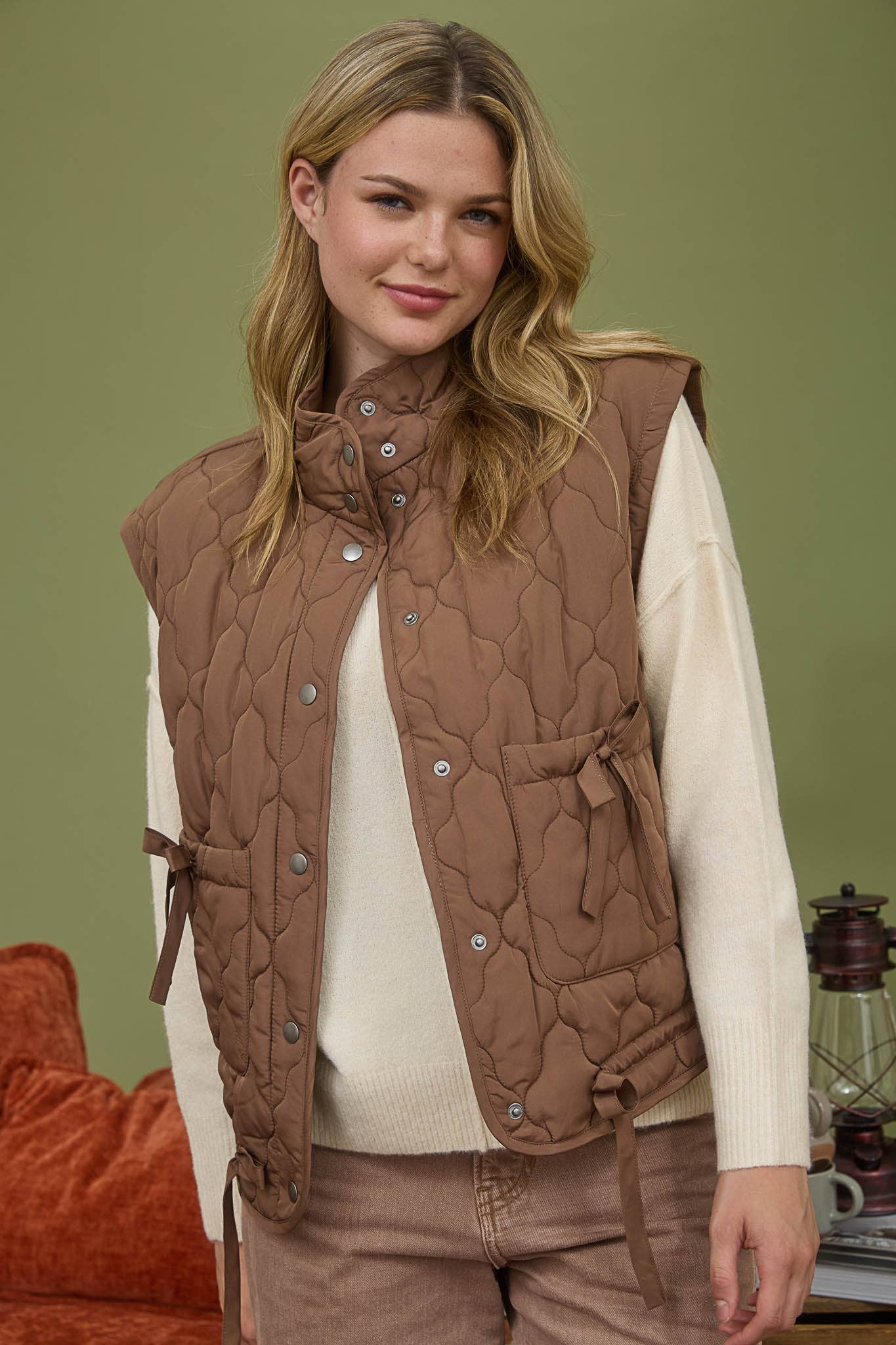 TIE DETAIL SNAP BUTTON DOWN QUILTED PUFFER VEST