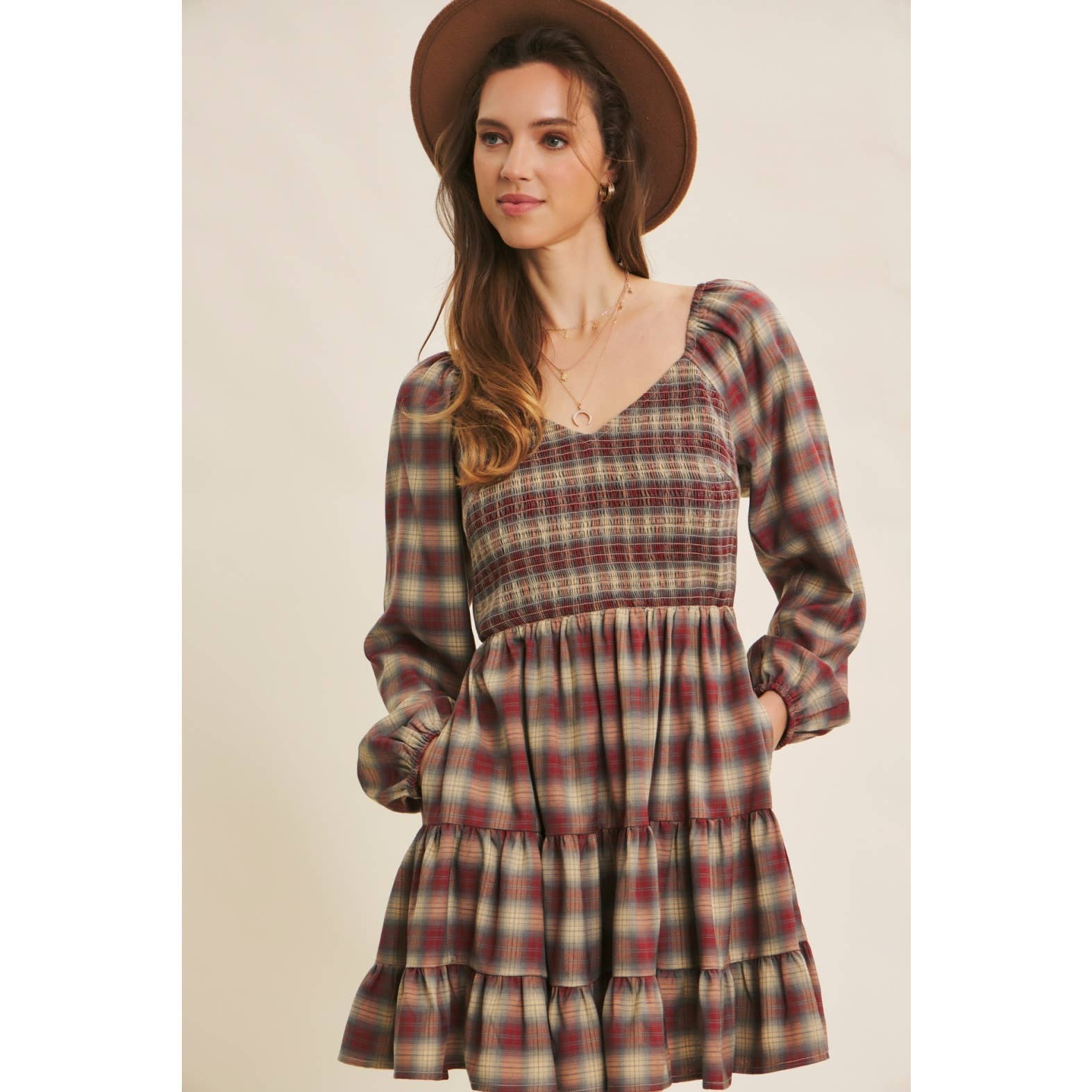 PLAID MINI SMOCKED DRESS WITH RUFFLES