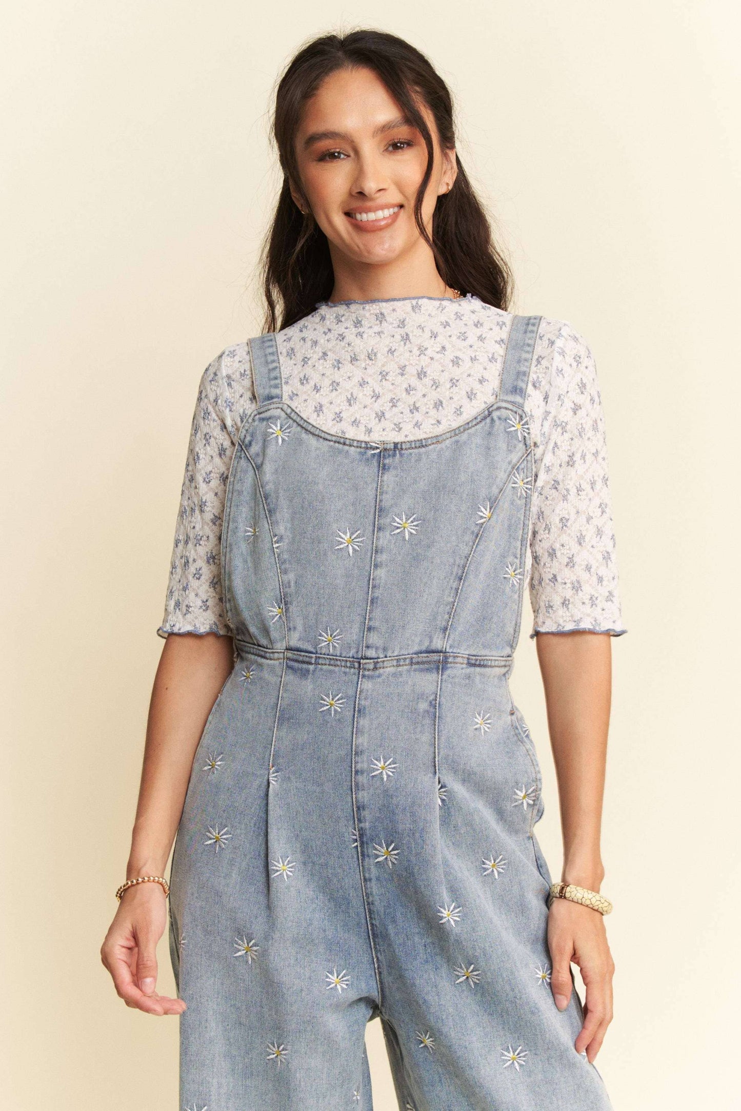 DAISY EMBROIDERED SIDE POCKET DENIM OVERALLS