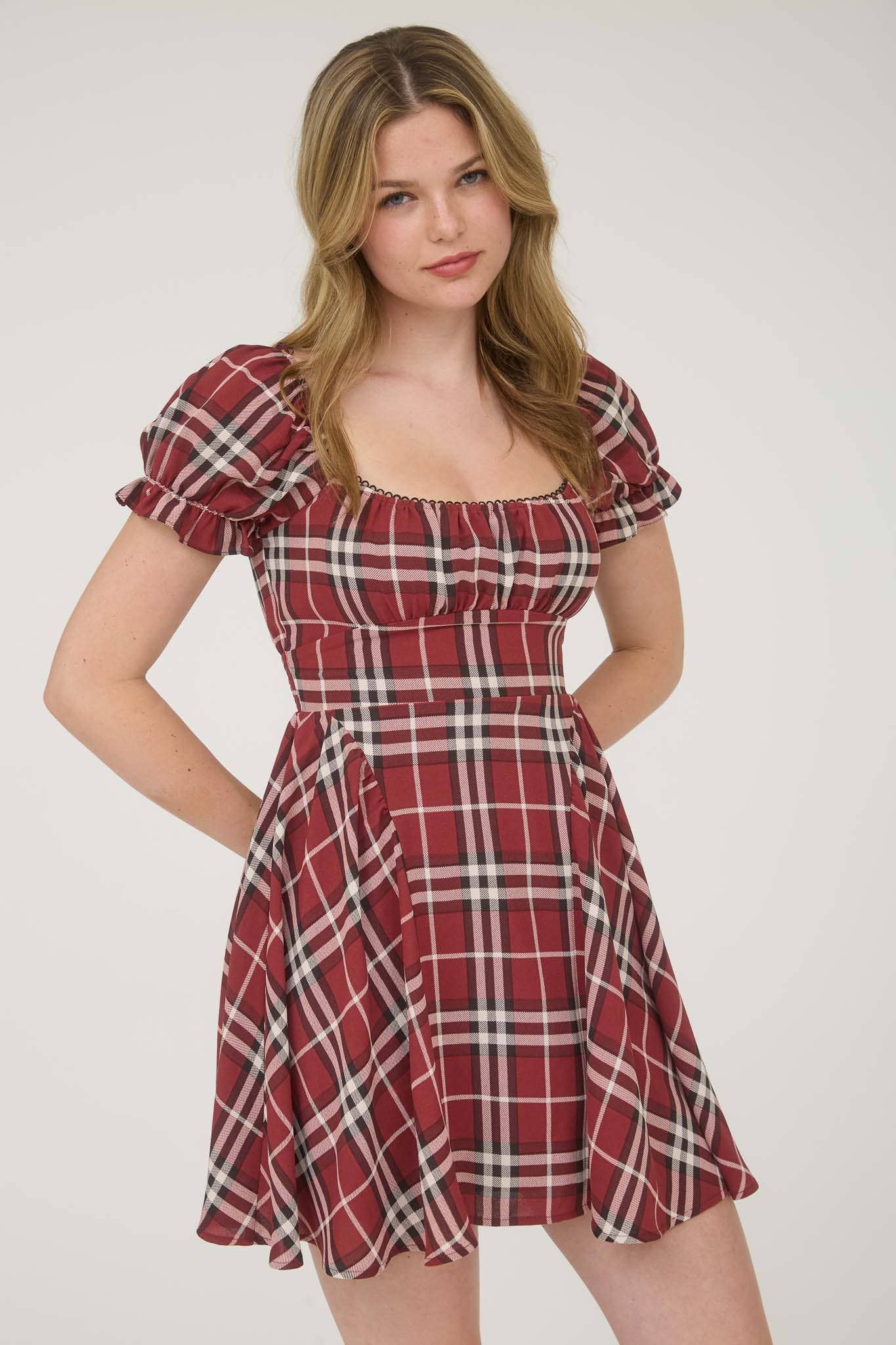 PLAID SHORT PUFF SLEEVE MINI DRESS