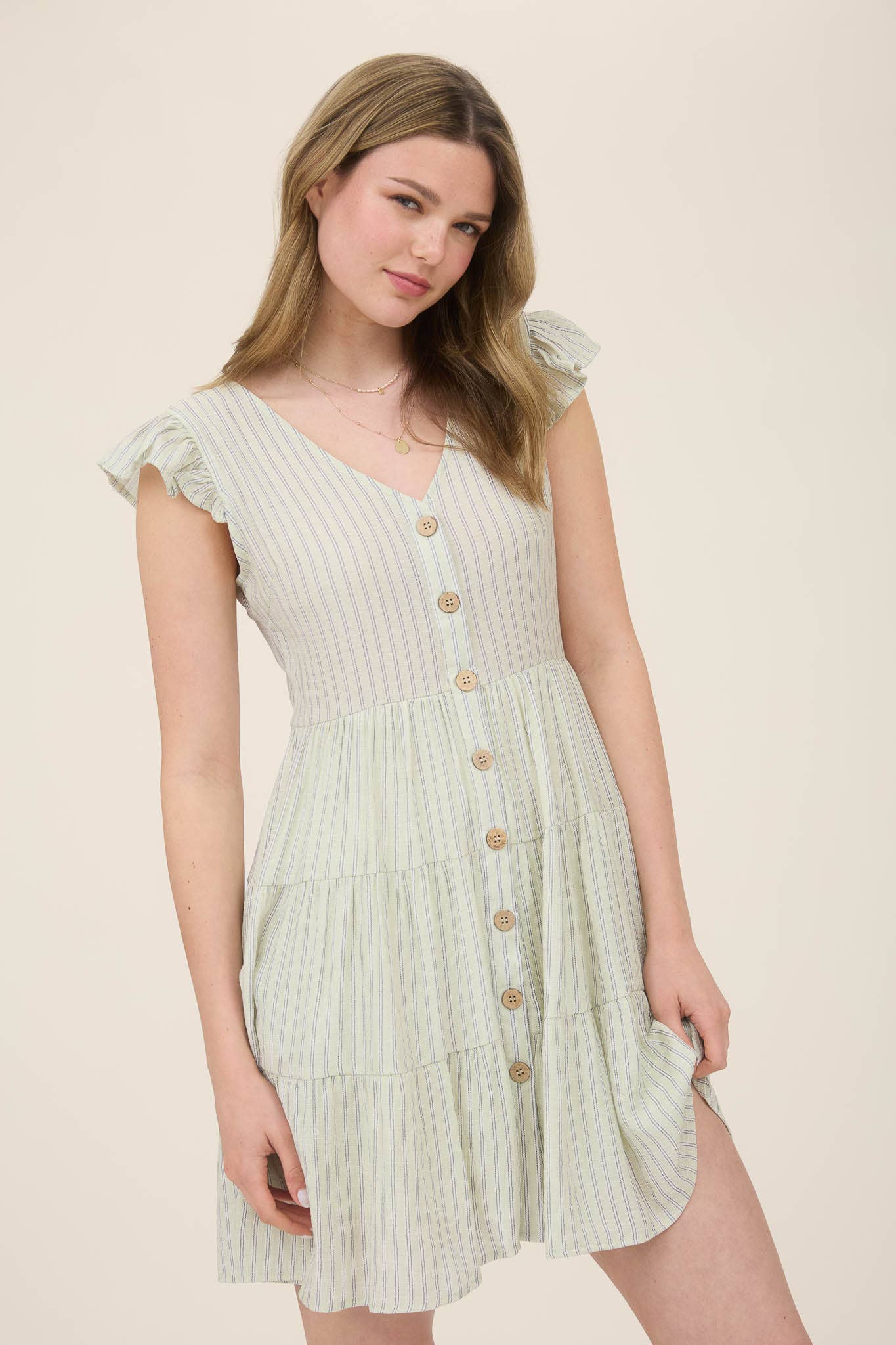STRIPE V NECK BUTTON DOWN TIERED MINI DRESS