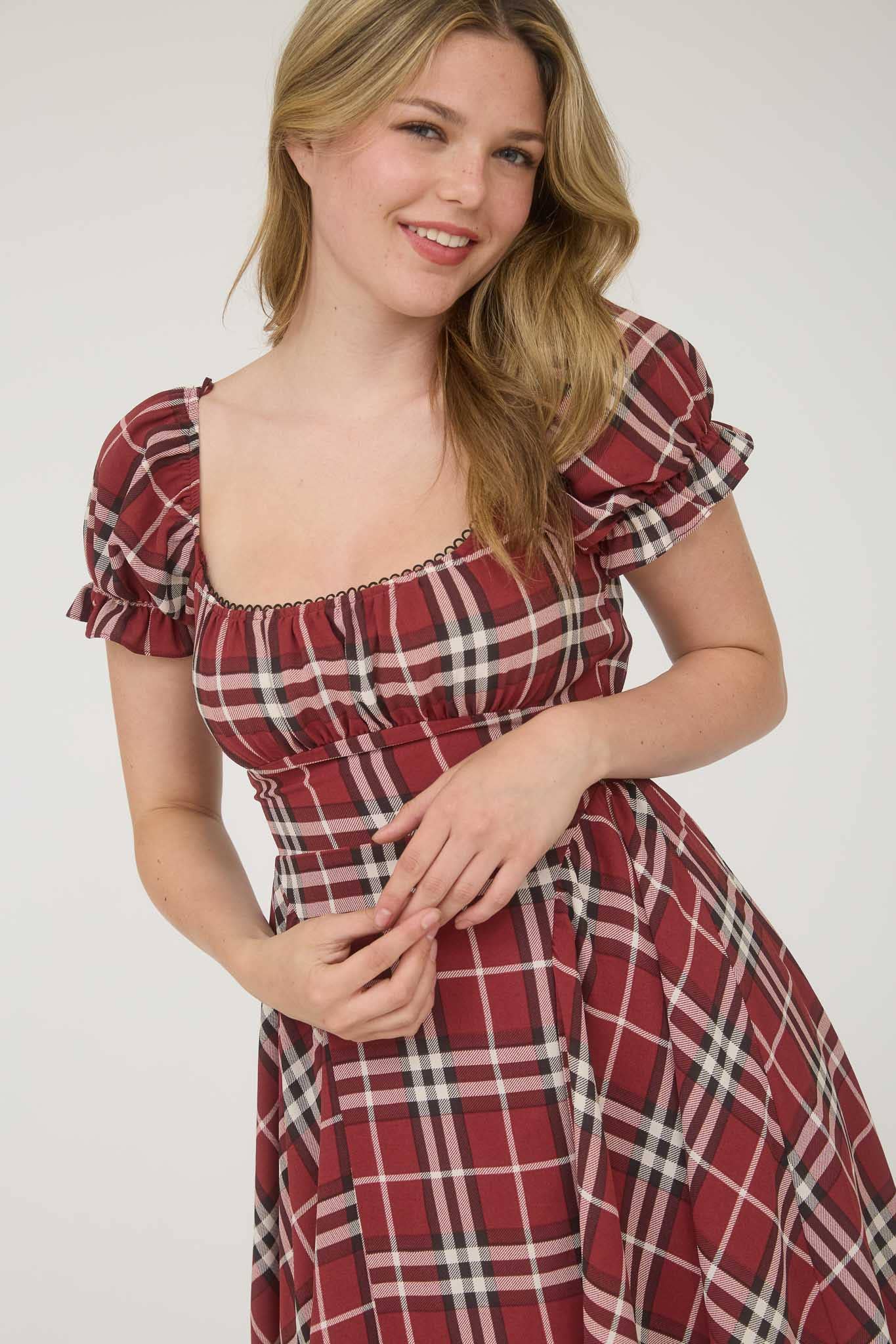 PLAID SHORT PUFF SLEEVE MINI DRESS
