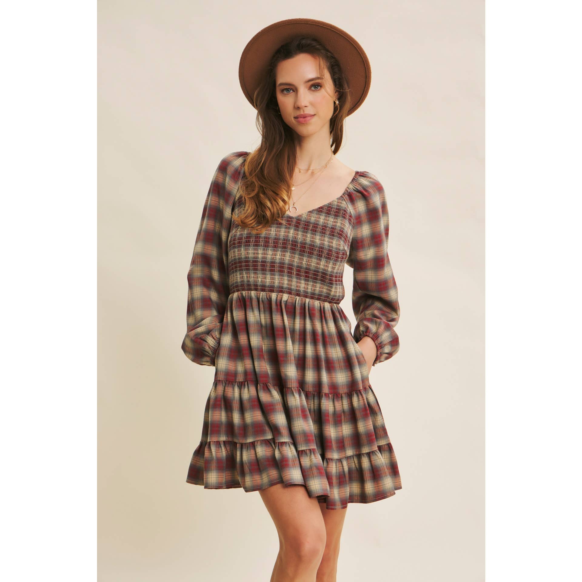 PLAID MINI SMOCKED DRESS WITH RUFFLES