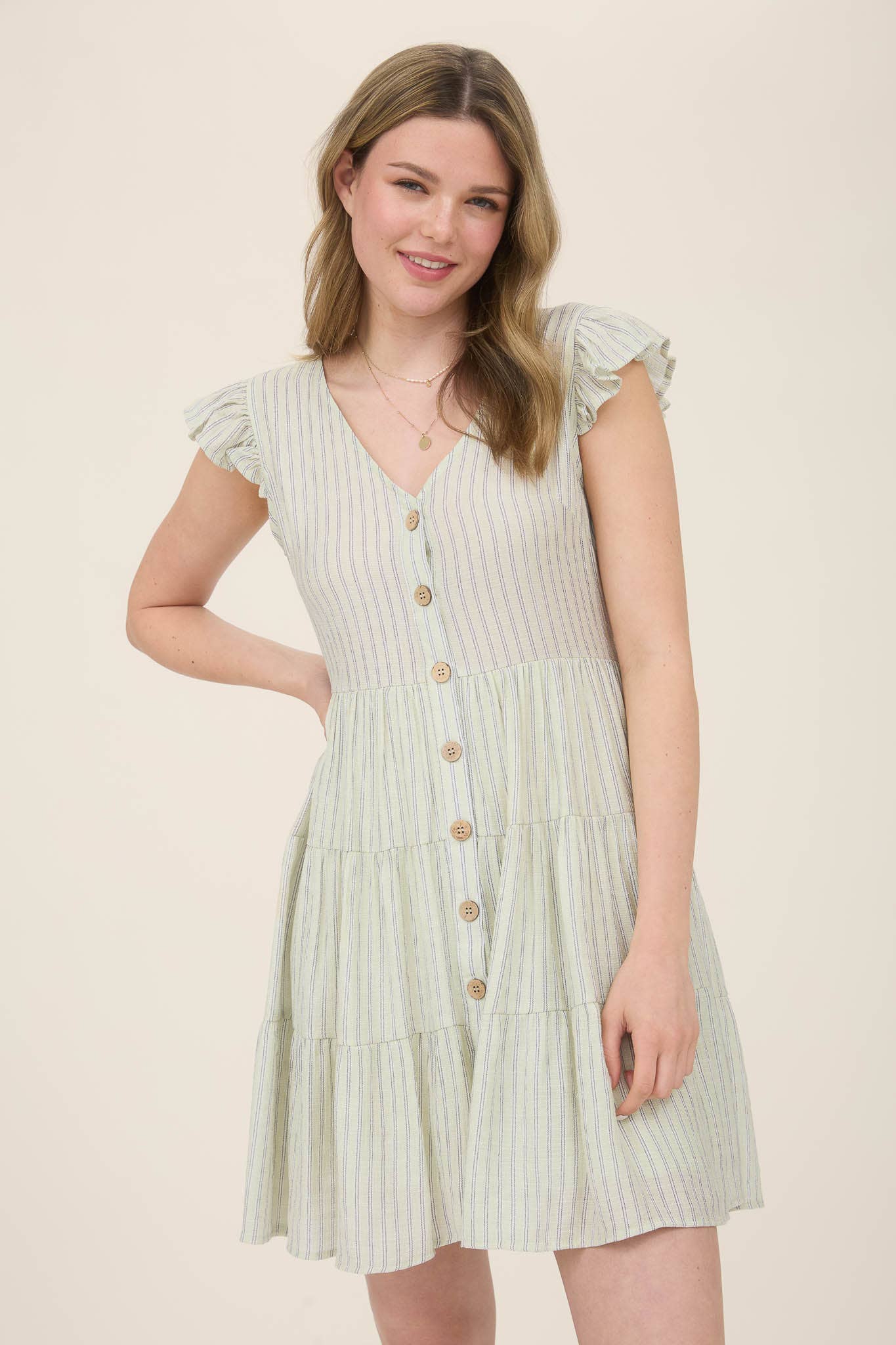 STRIPE V NECK BUTTON DOWN TIERED MINI DRESS
