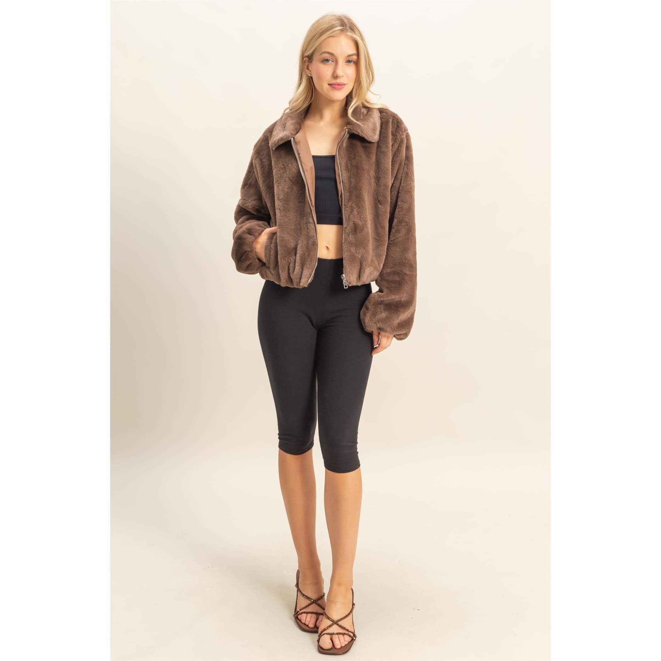 Faux Fur Zip Up Jacket With Plush Collar