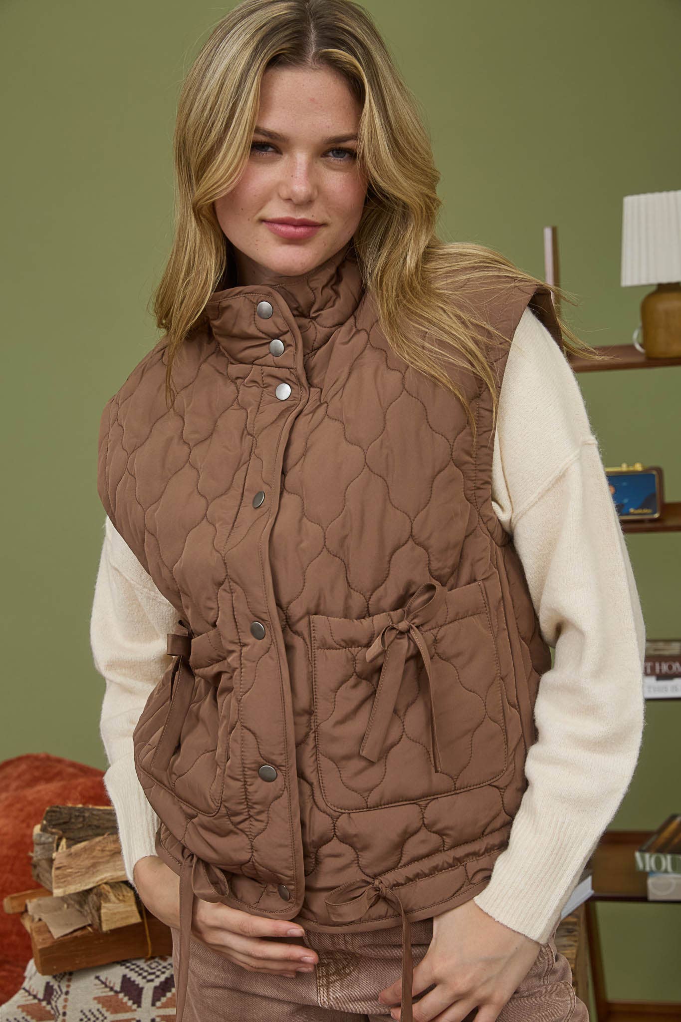 TIE DETAIL SNAP BUTTON DOWN QUILTED PUFFER VEST