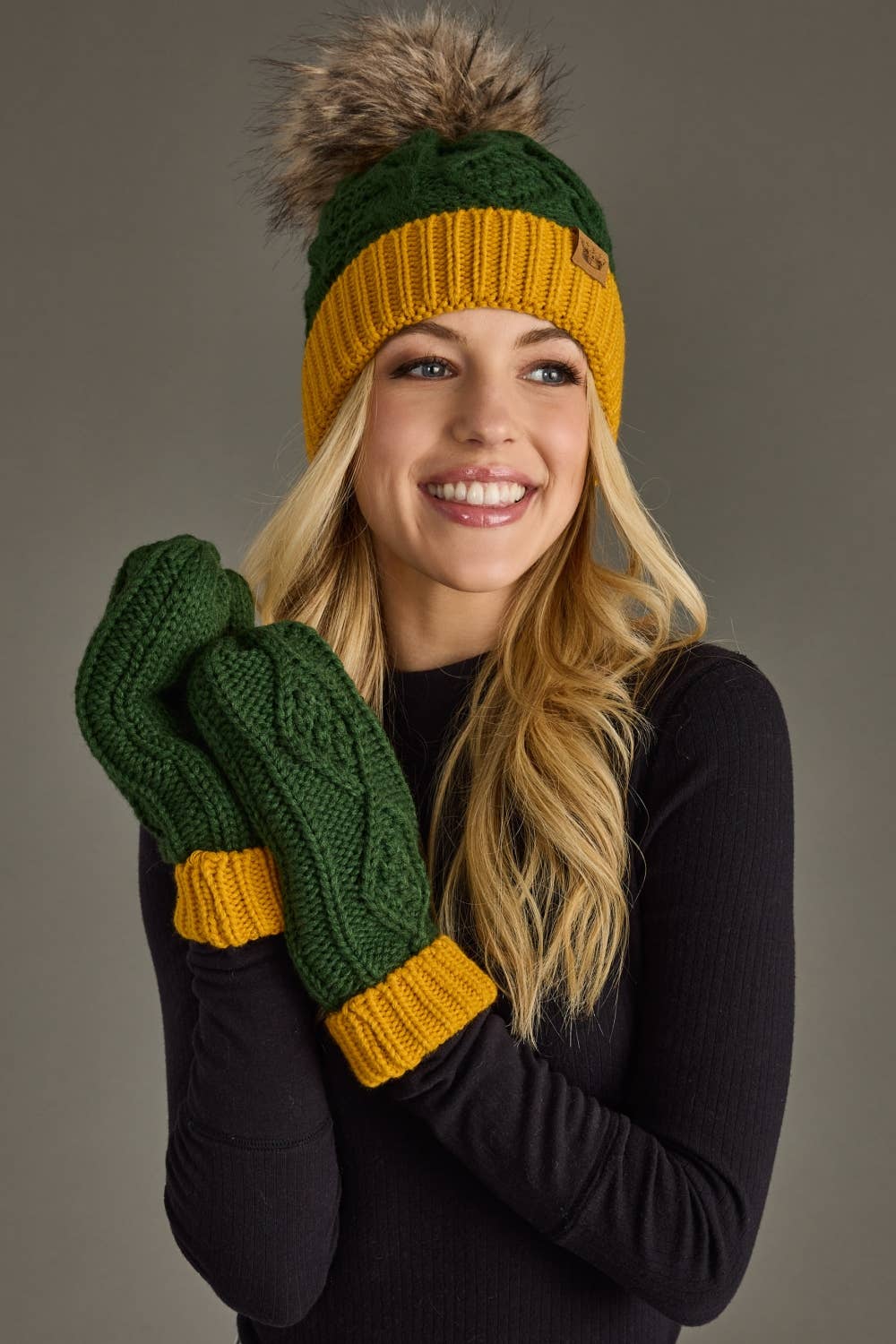 Green & Gold Trim Cable Knit Pom Hat