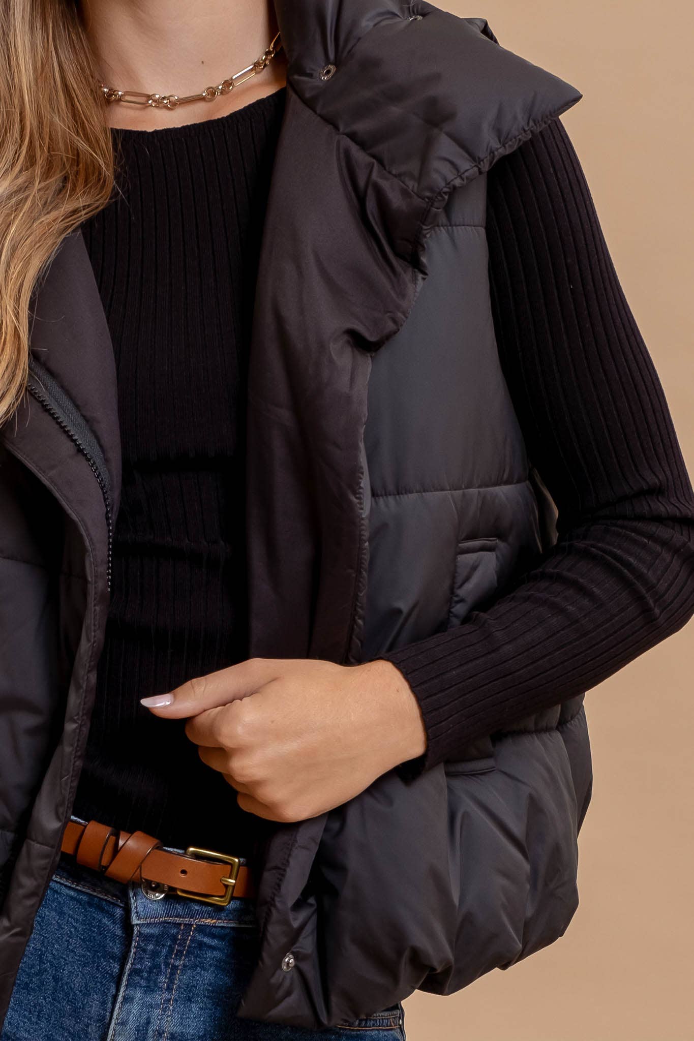 ASYMMETRICAL ZIP UP HIGH NECK PUFFER VEST