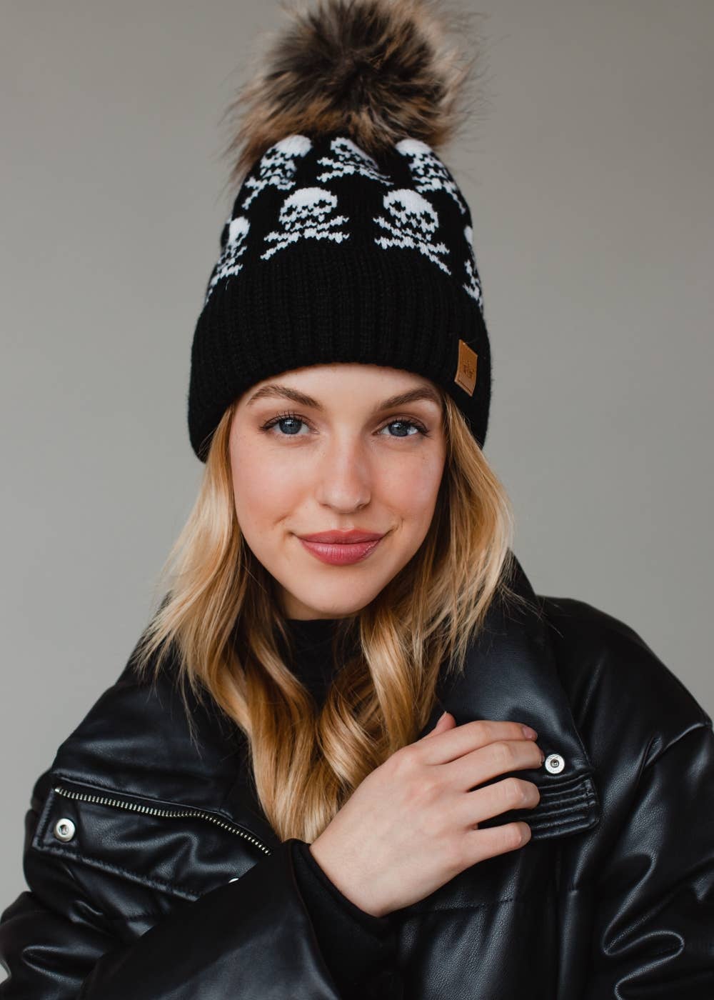 Black Skull Pattern Pom Hat