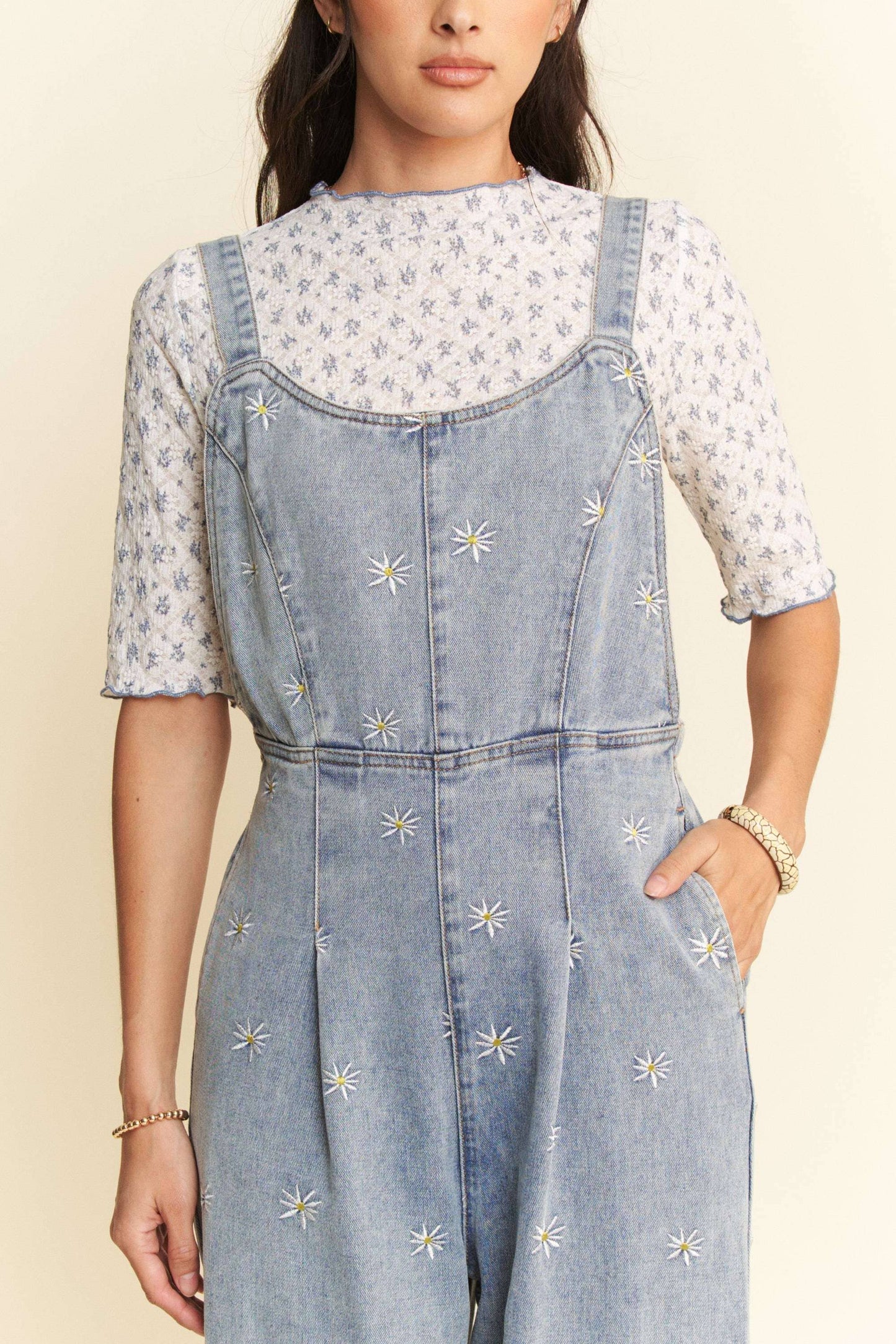 DAISY EMBROIDERED SIDE POCKET DENIM OVERALLS