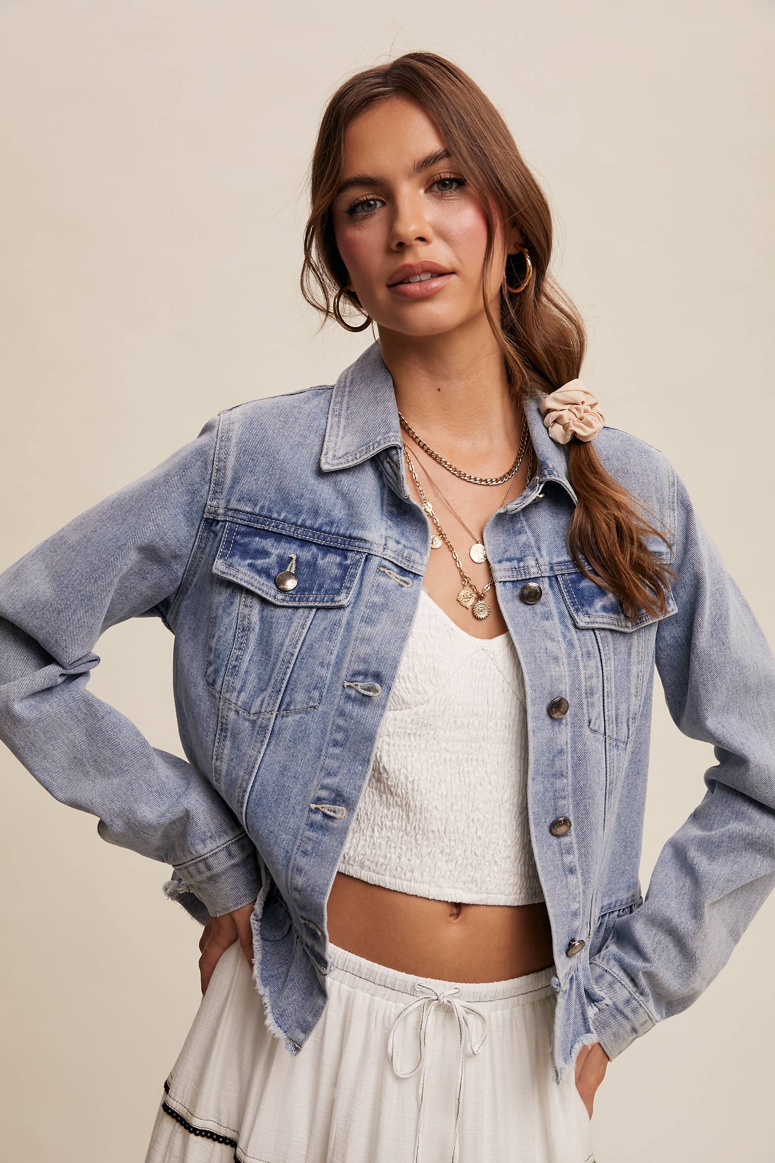 Ruffled Hem Denim Jacket
