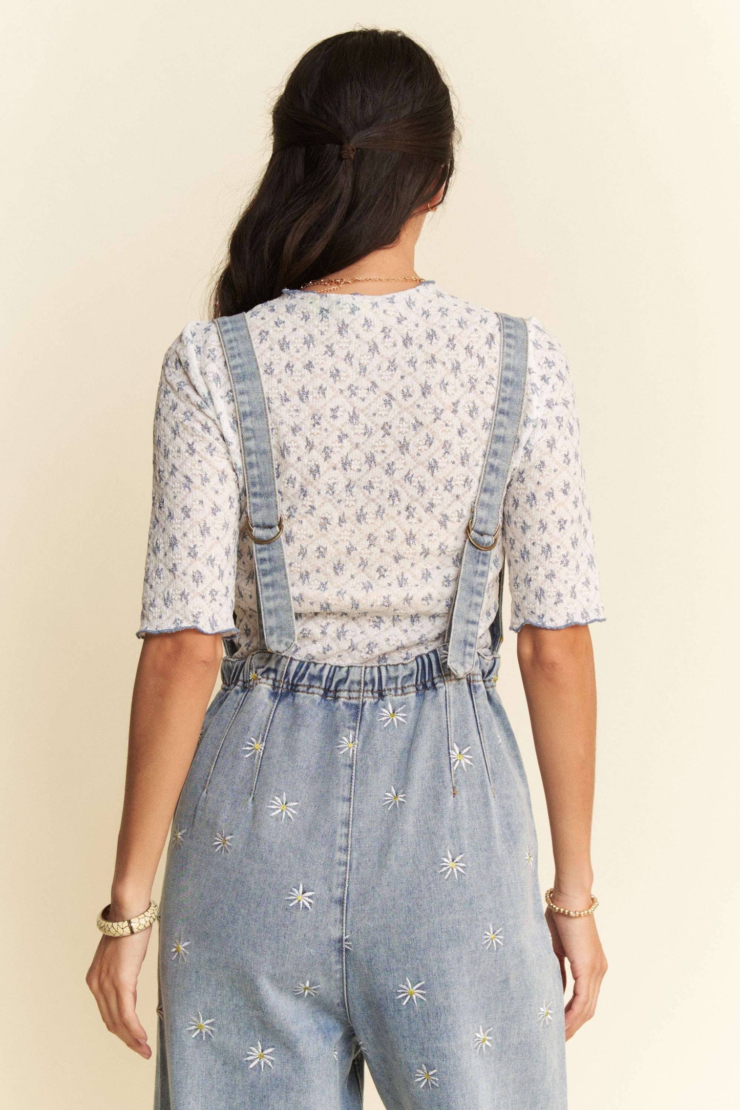 DAISY EMBROIDERED SIDE POCKET DENIM OVERALLS