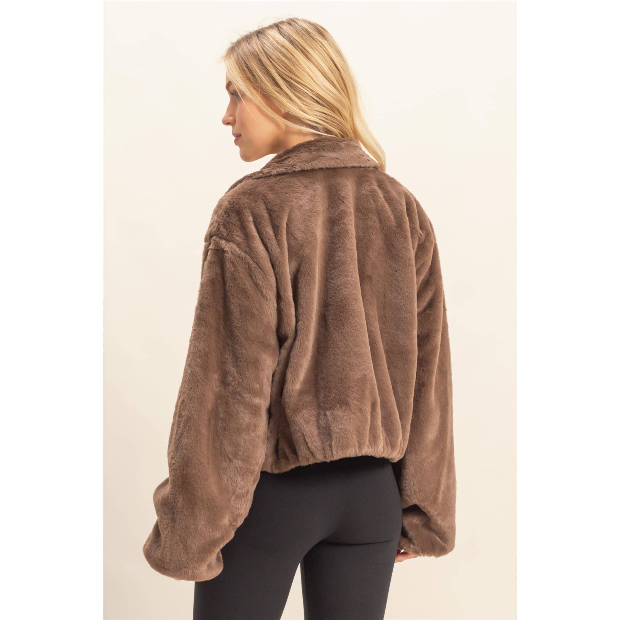 Faux Fur Zip Up Jacket With Plush Collar