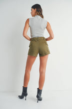Olive cargo shorts - close-up of stretch fabric and pocket