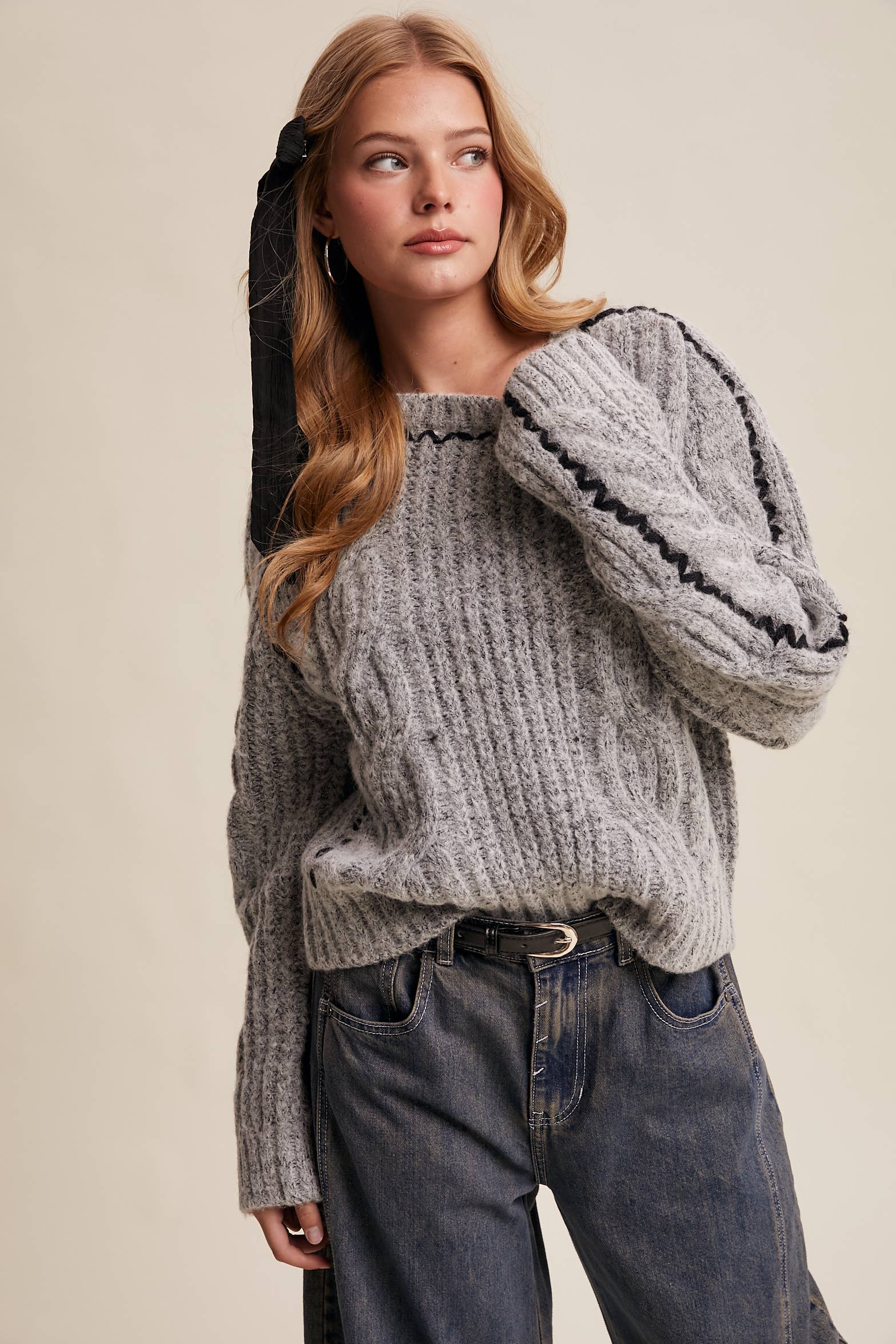 Contrast Stitch Cable Knit Sweater