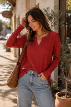 Lori Ribbed Notched V-Neck Top