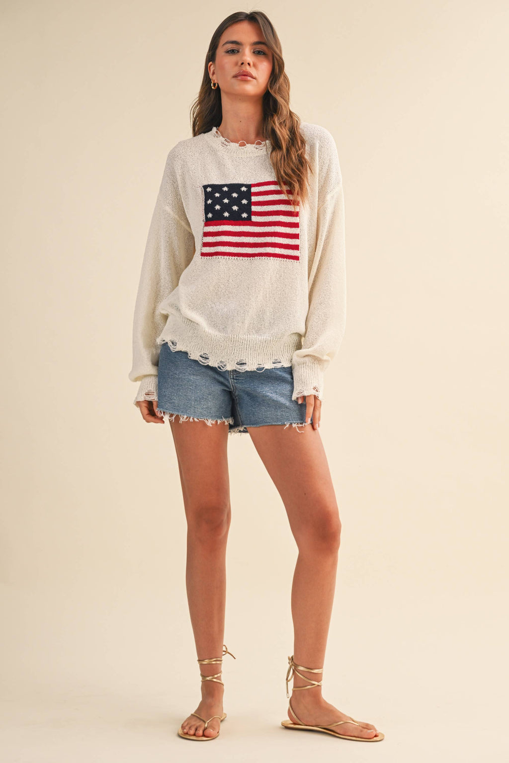 Cream USA Flag Distressed Lightweight Sweater