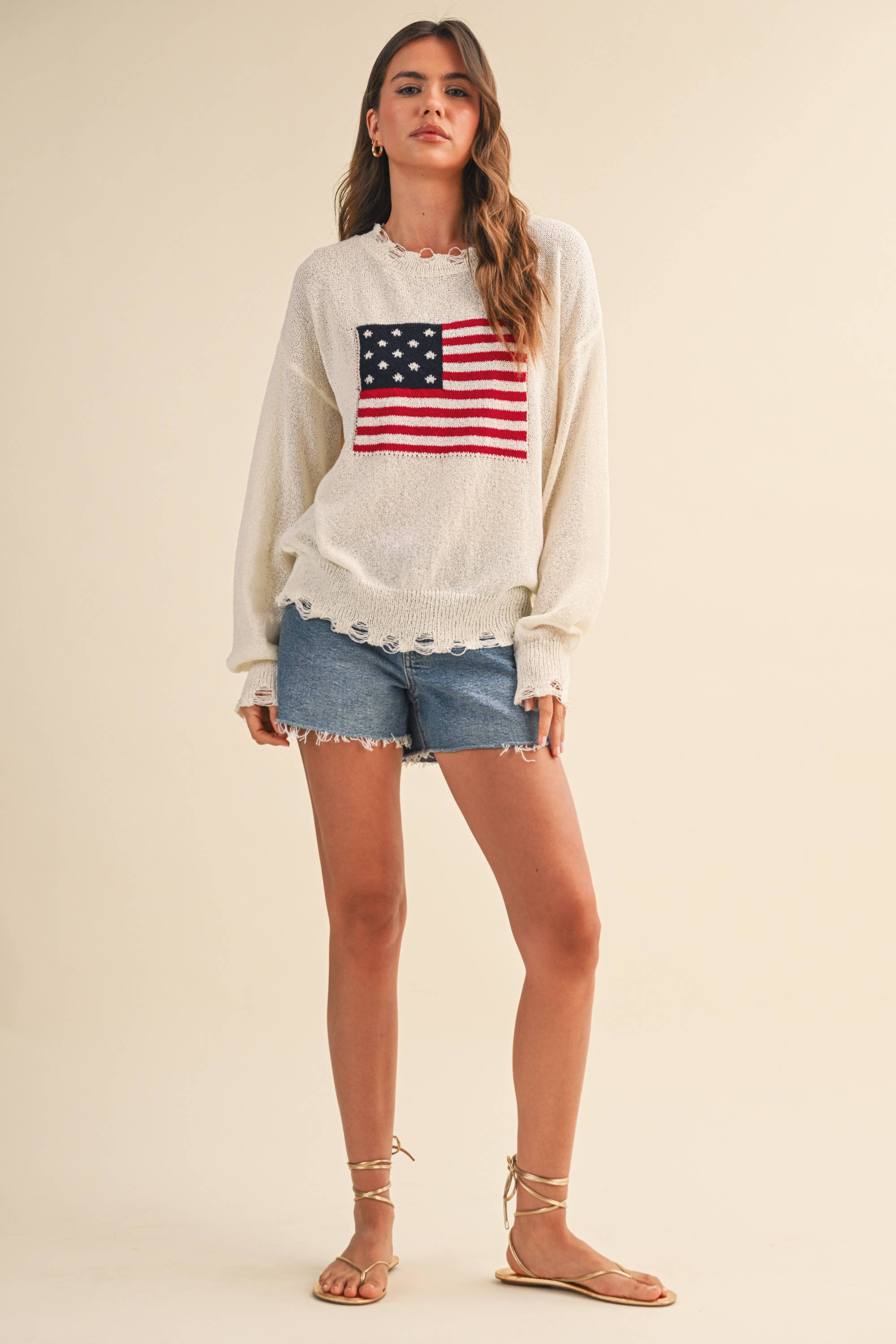 Cream USA Flag Distressed Lightweight Sweater