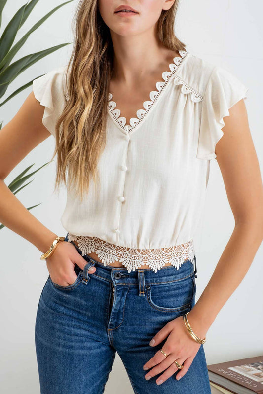 SCALLOP LACE TRIM BACK TIE SHORT SLEEVE CROP TOP