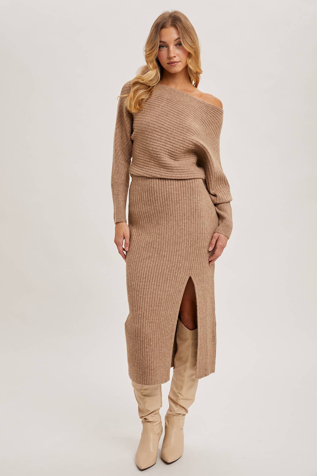 One Shoulder Off Side Slit Midi Knit Sweater Dress