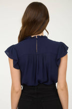 LINE LACE TRIM RUFFLE DETAIL SHORT SLEEVE BLOUSE