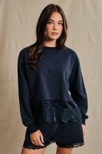 Lace-Trim Hem Crewneck Sweatshirt