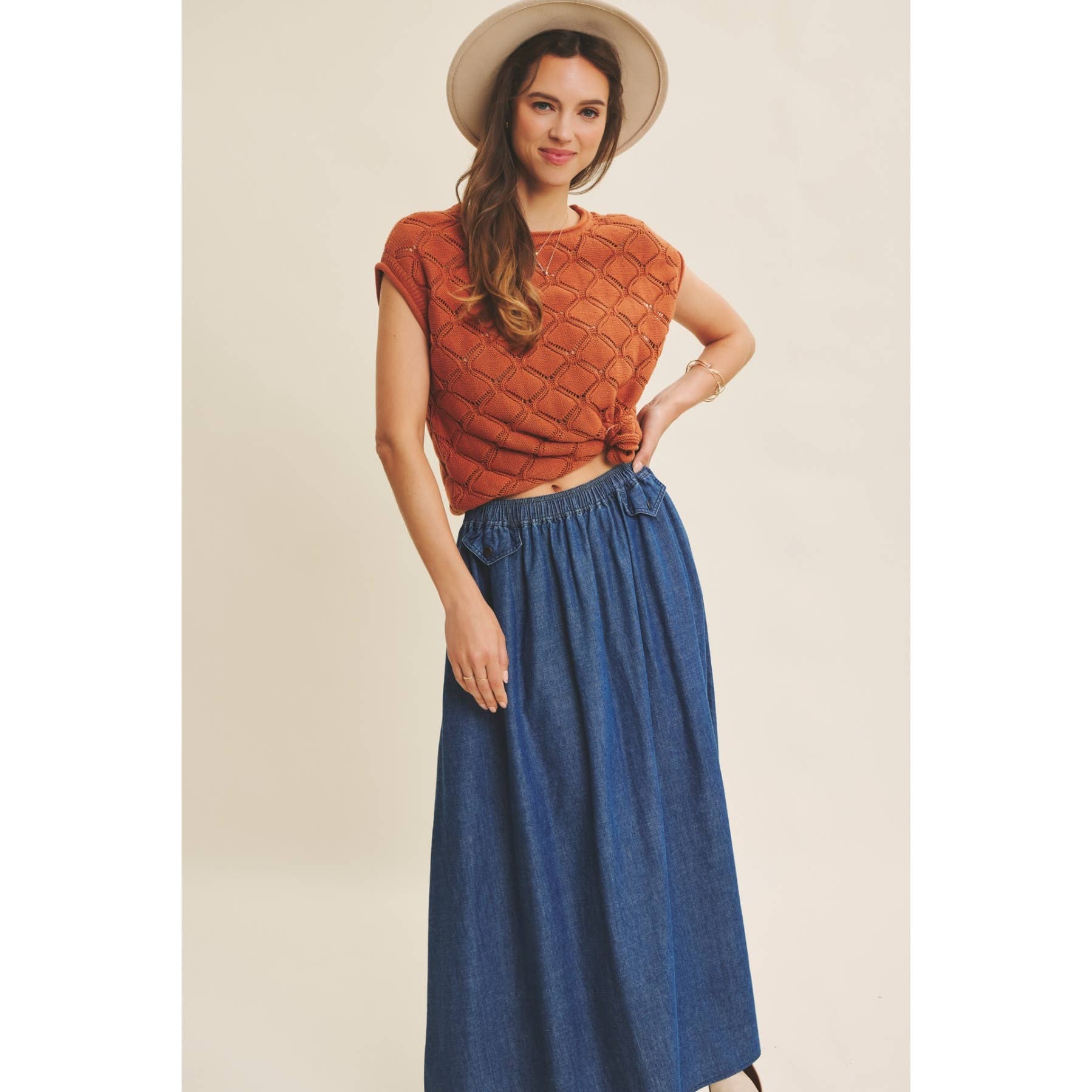 TIMELESS TEXTURED COTTON CABLE KNITTED SWEATER TOP