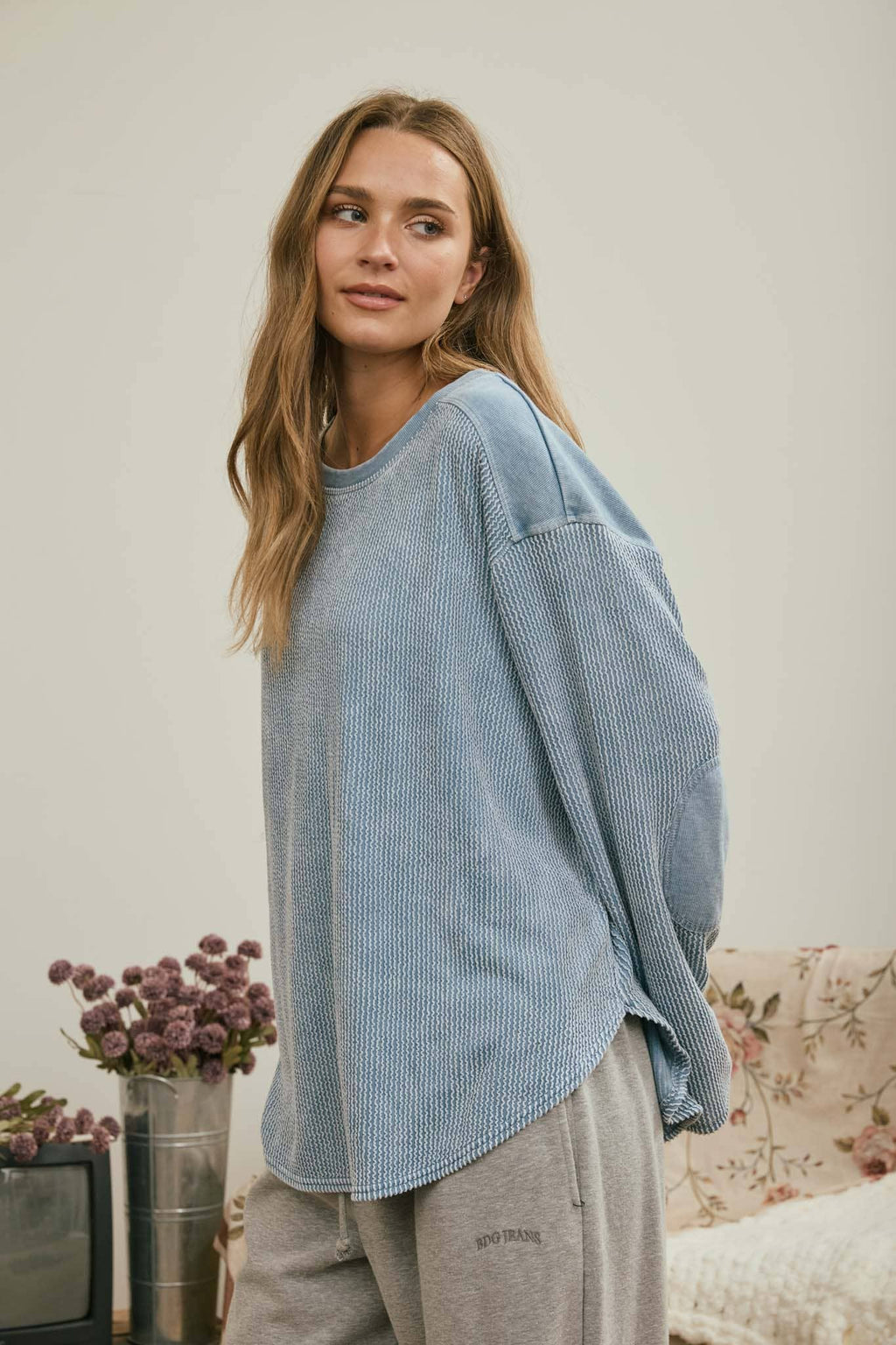 Boxy Textured Long Sleeve Washed Knit Top