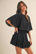 Black Crinkle Short Sleeve Romper