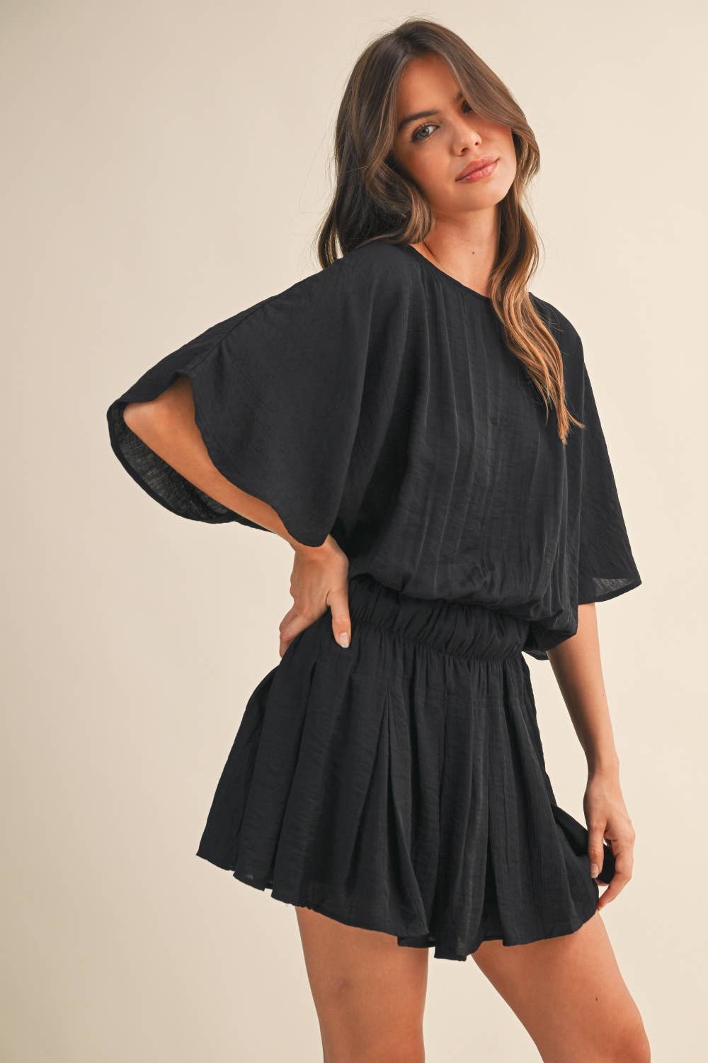 Black Crinkle Short Sleeve Romper