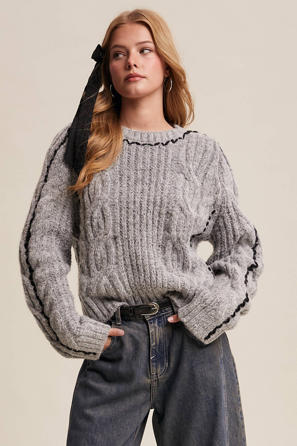 Contrast Stitch Cable Knit Sweater