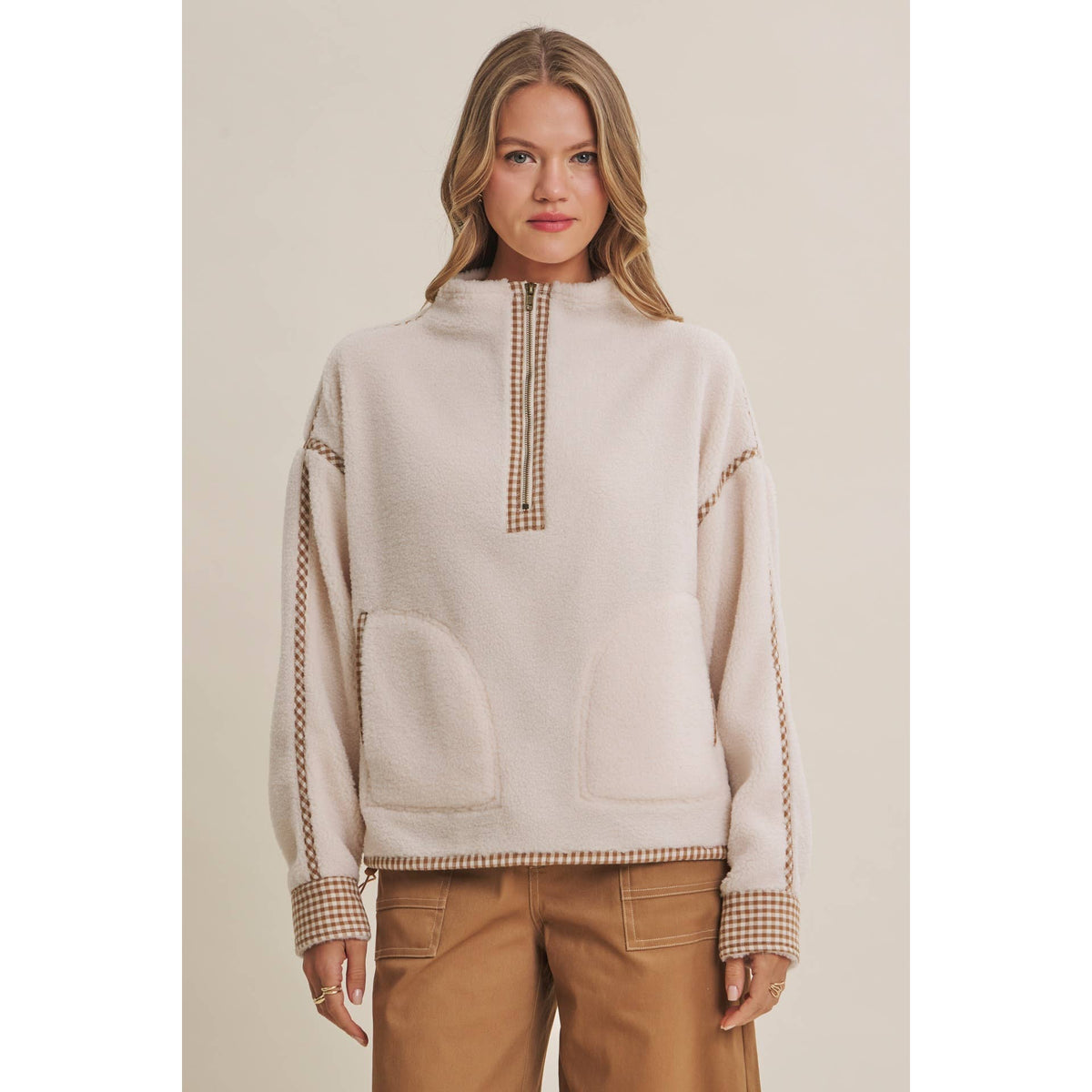 Cozy Cabin Gingham Trim Sherpa Fleece Half-Zip Pullover – Cream