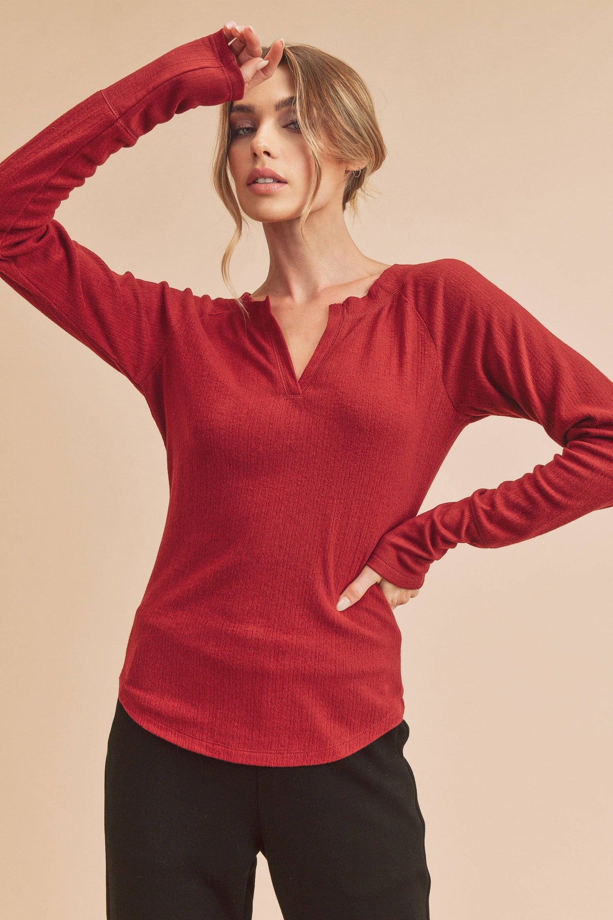 Lori Ribbed Notched V-Neck Top