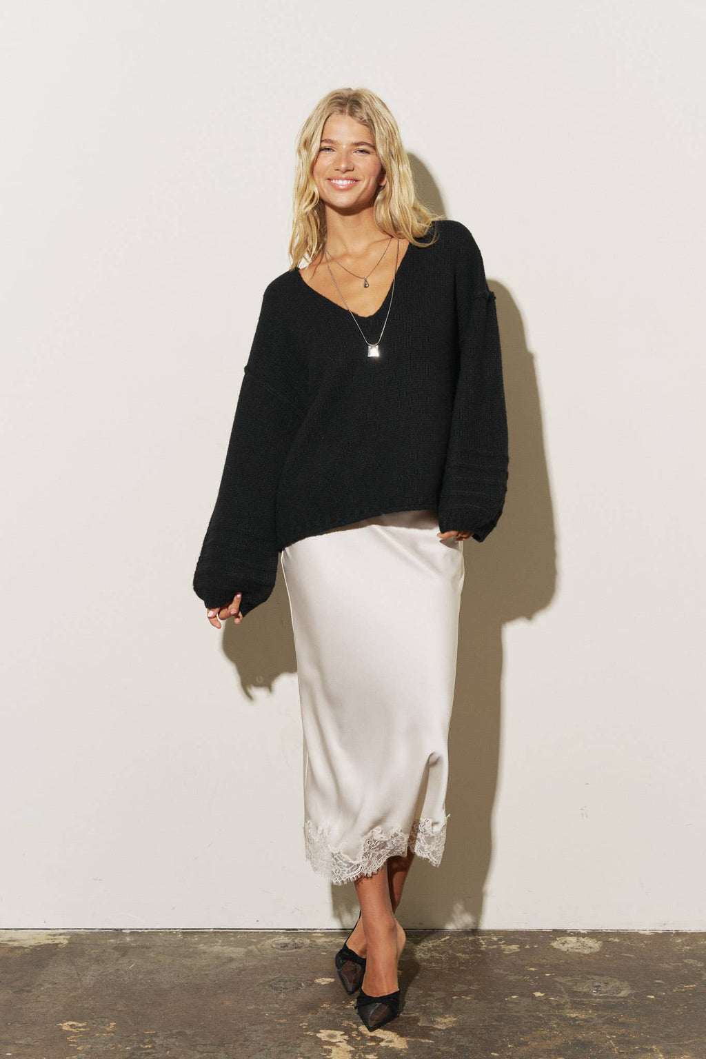 V-Neck Balloon Sleeve Knit Sweater