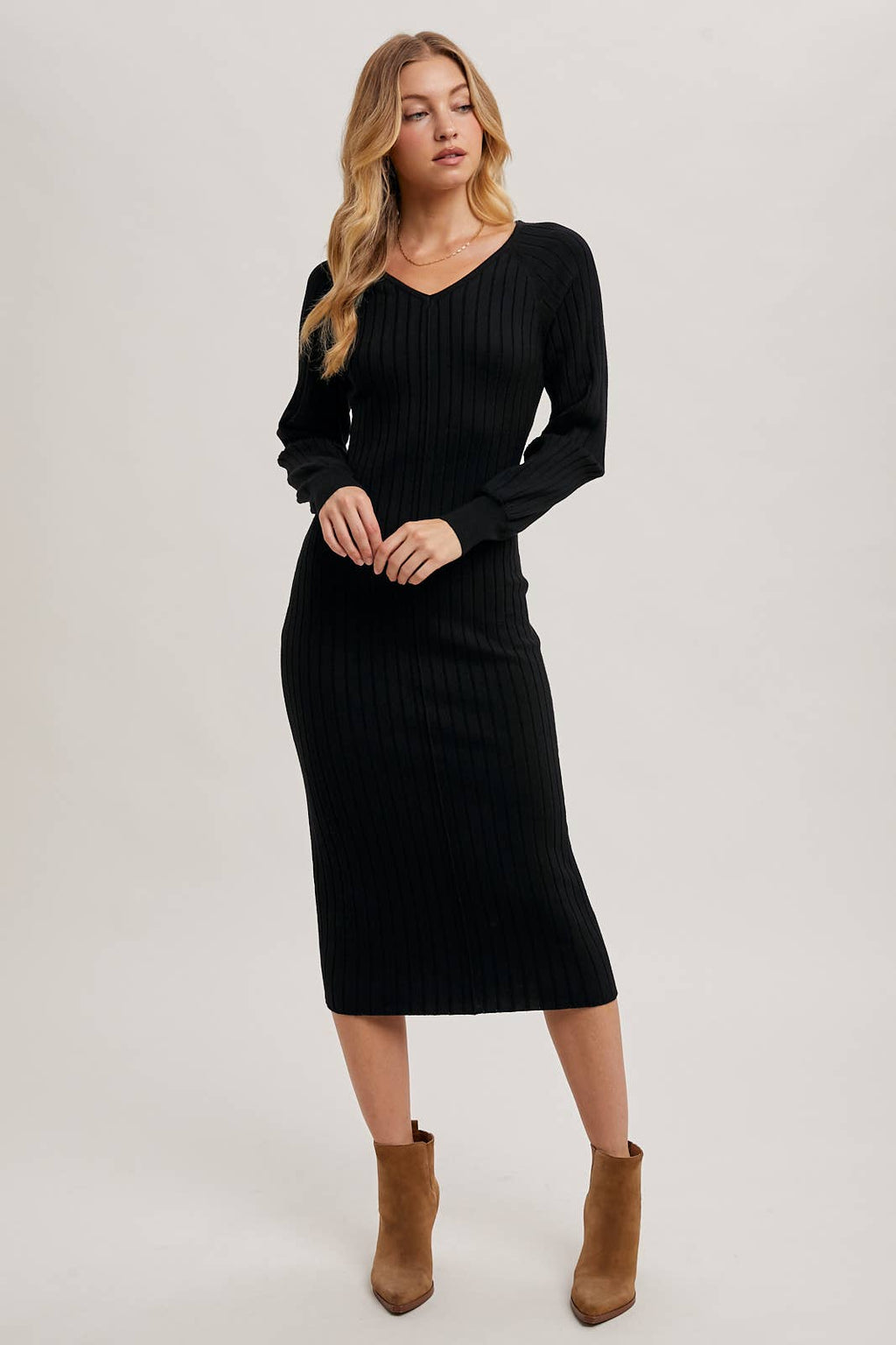 V-Neck Ribbed Knit Sweater Midi Dress