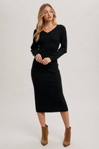 V-Neck Ribbed Knit Sweater Midi Dress