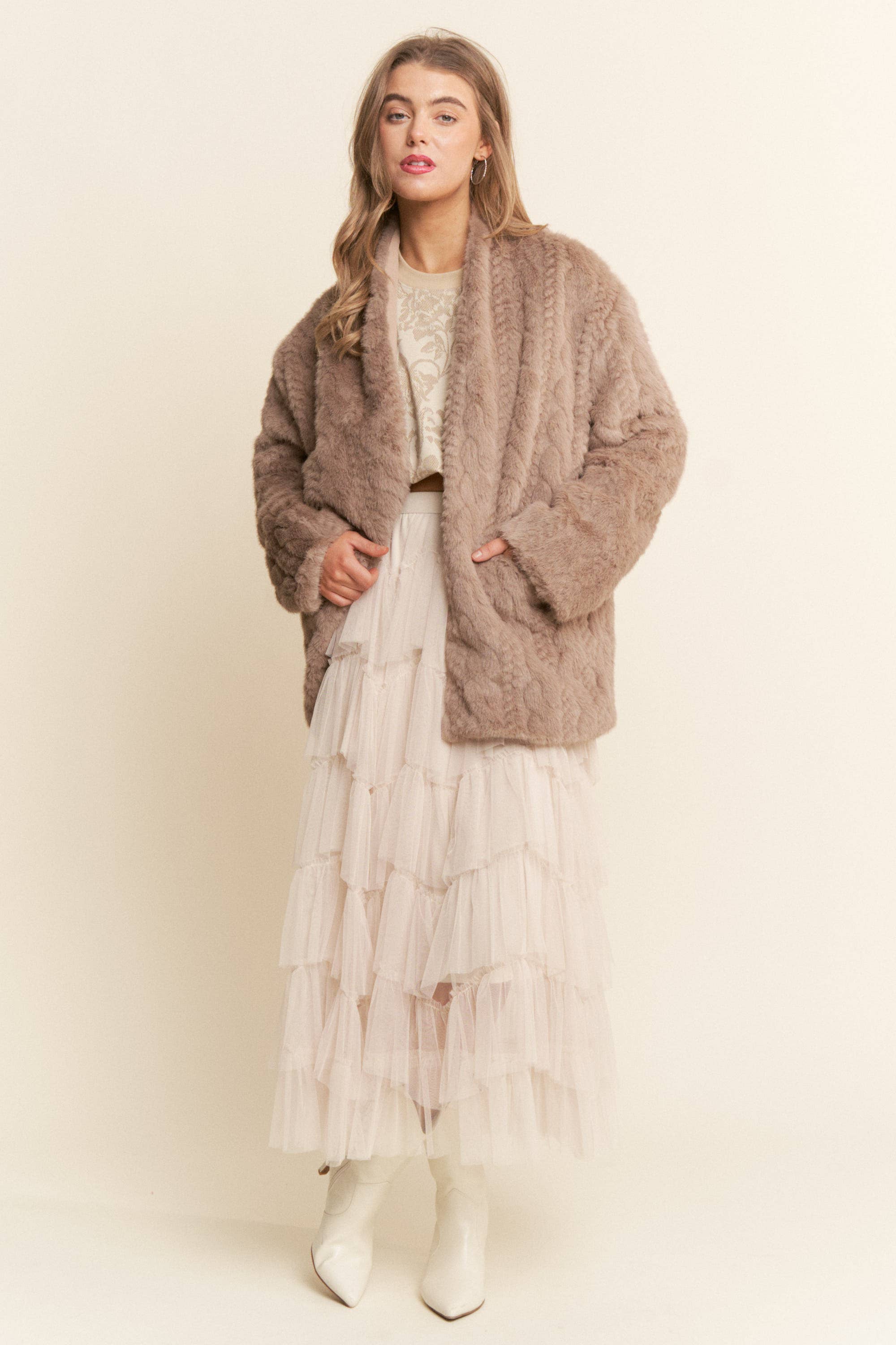 Faux Fur Pressed Print Open Coat