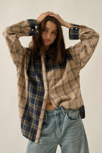 Colorblock Plaid Flannel Button-Up Shirt – Sand/Midnight
