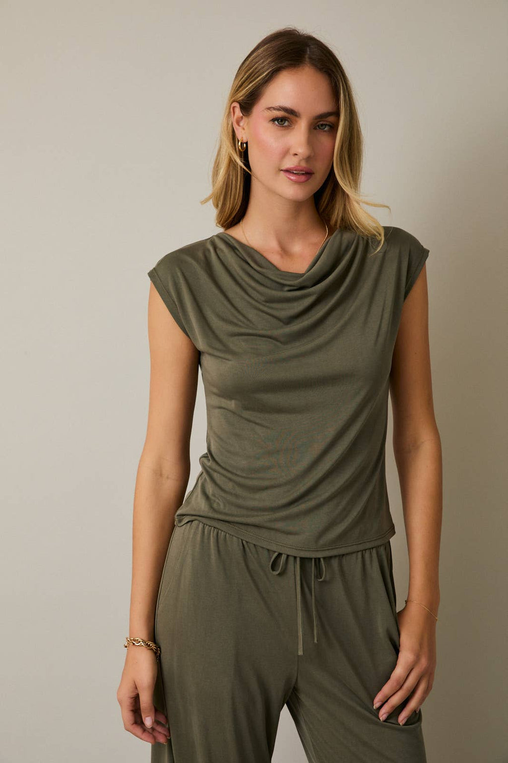 Cowl Neck Cap Sleeve Top - Draped Neckline Blouse
