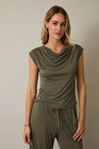 Cowl Neck Cap Sleeve Top - Draped Neckline Blouse