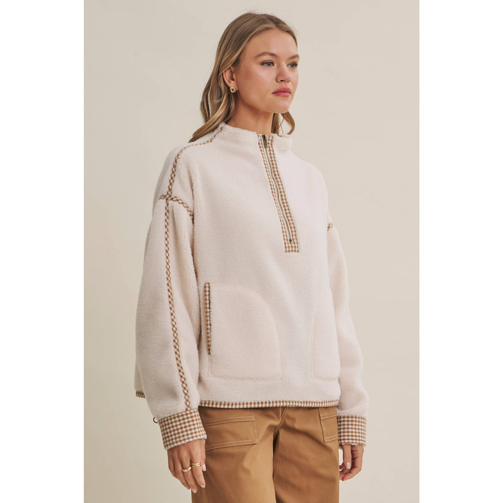 Cozy Cabin Gingham Trim Sherpa Fleece Half-Zip Pullover – Cream