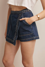 Braided Trim Denim Wrap Skort
