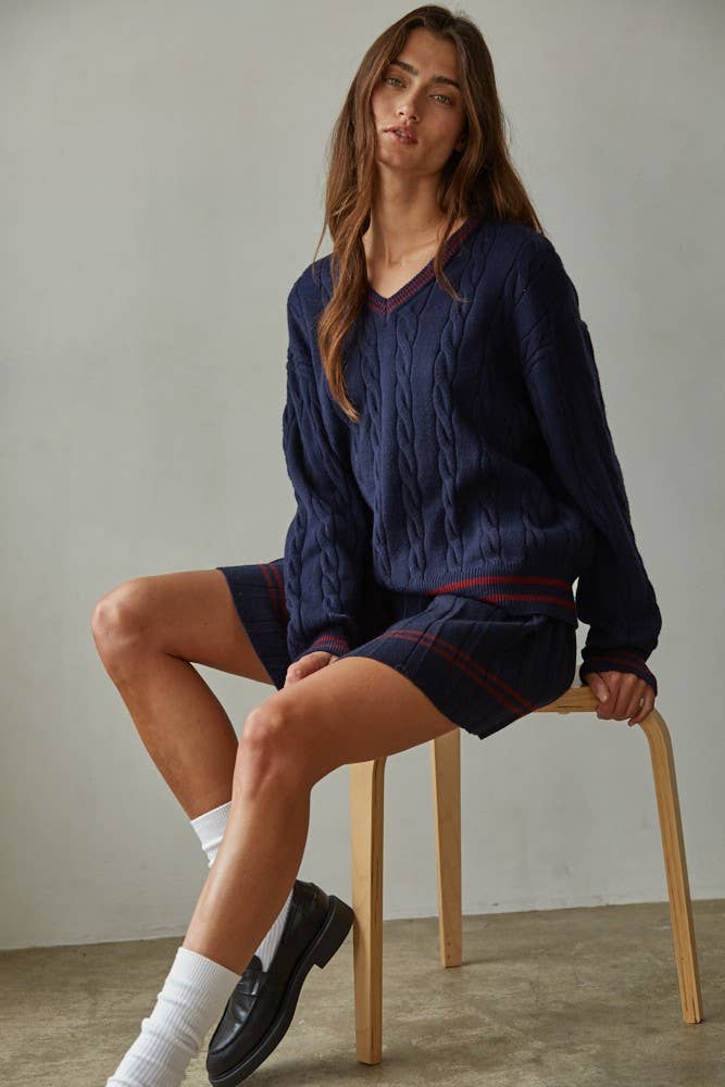 Knit Cable Sweater V-Neck Long Sleeve Pullover Top