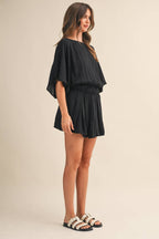 Black Crinkle Short Sleeve Romper
