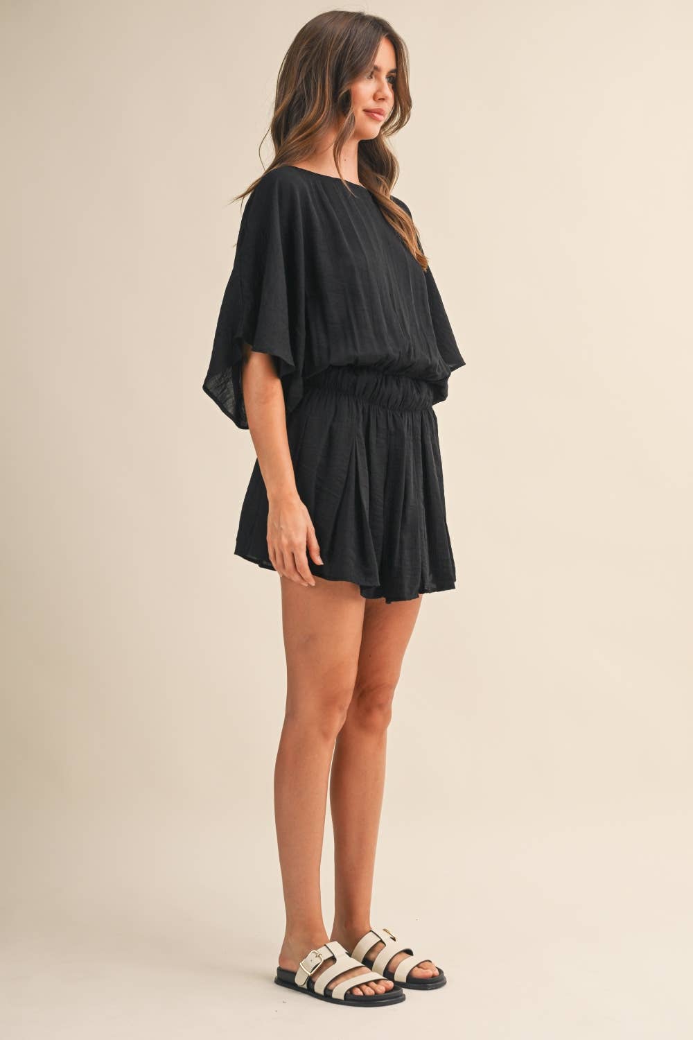 Black Crinkle Short Sleeve Romper