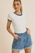 Round Neck Short Sleeve Contrast Detail Bodysuit – White/Navy