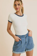 Round Neck Short Sleeve Contrast Detail Bodysuit – White/Navy
